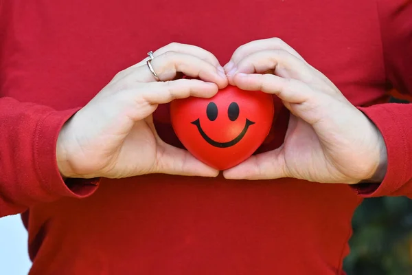 Asian woman hands in heart shape hold wrapping around red smile heart face expression feeling and emotion happy