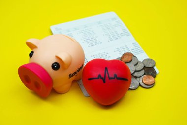 Coins in piggy savings jar, account book, pulse heart rate heart, health insurance, medical expenses, tax concept, financial concept, clipart
