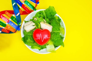 DNA, good nutrition food, healthy heart. Healthy diet and nutrition food. Healthy health plans, exercise, diet, lifestyle tailored by DNA. Food intolerances. Nutrigenomics, Genetics cause diseases.