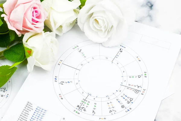 Печатная Астрологическая Диаграмма Рождения Белые Розы Рабочее Место Астрологии Духовное — стоковое фото