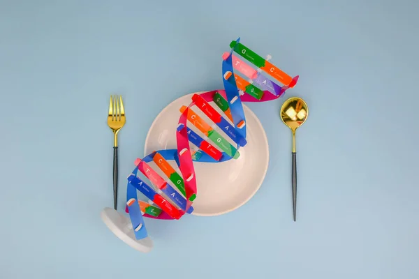 DNA helix structure and the fork in the middle, DNA and nutrition effect human life, DNA food and genetically modified foods
