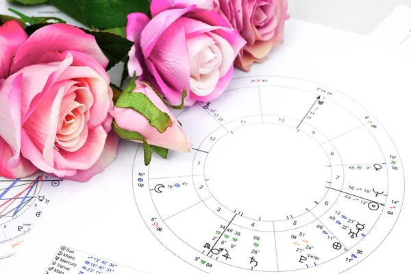 Печатная Астрологическая Диаграмма Рождения Красные Розы Сердцем Рабочее Место Астрологии — стоковое фото