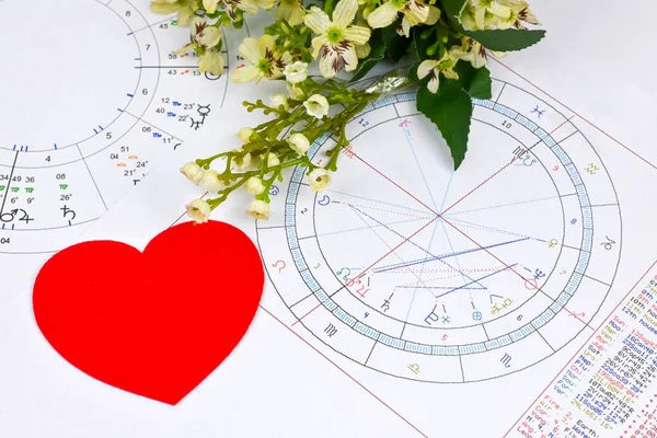 Печатная Астрологическая Карта Рождения Белые Цветы Сердце План Астрологии Любовных — стоковое фото