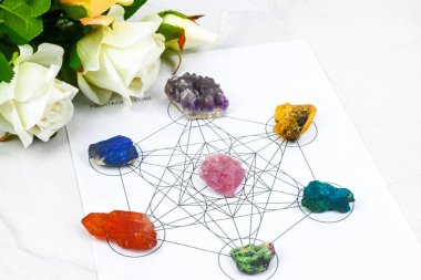 Crystals healing for 7 chakras, Merkaba, Metatrons Cube sacred geometry space spiritual new age, alternative healing, ruby, amber, rose quart, turquoise, lapis lazuli, amethyst.  clipart