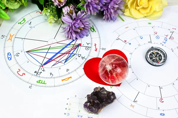 印刷占星术出生图 水晶治疗 心脏和指南针 占星术 生命的指南针 蓝图和生命图解 占星术 业余爱好的工作场所 — 图库照片