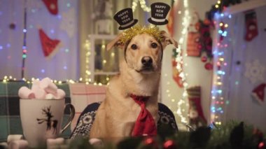 Köpek Noel şapkası takıyor. Kostüm giymiş bir köpek, Noel eşyalarıyla masada oturuyor. Yeni yıl geçmişi. Noel arkaplanı. - Evet. Yüksek kalite 4k görüntü