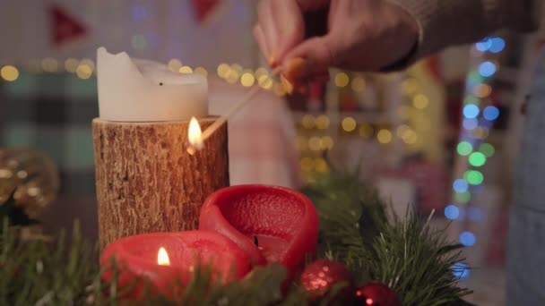 Young Lady Lighting Candles Young Woman Making Comfortable Atmosphere Living — Stock Video