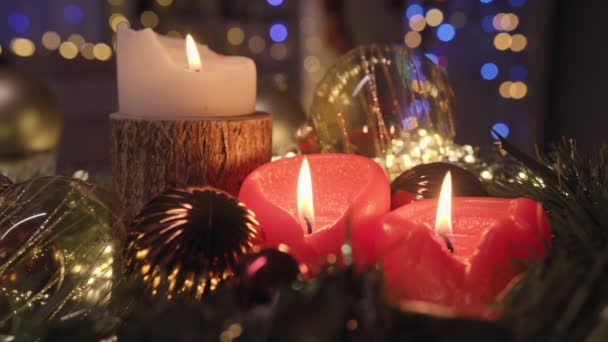 Candles Burning Christmas Background Garlands Balls New Year Christmas Celebration — Video Stock