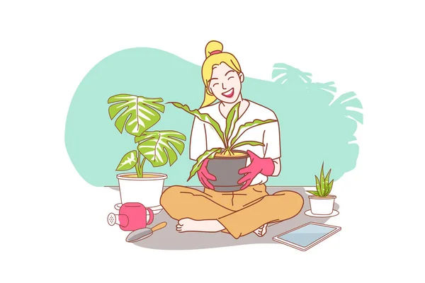 年轻的亚洲妇女小心翼翼地照料室内植物 Monstera和Cantus的情人在家里生态生活和生活方式概念 植物护理 矢量插图平面漫画 — 图库矢量图片