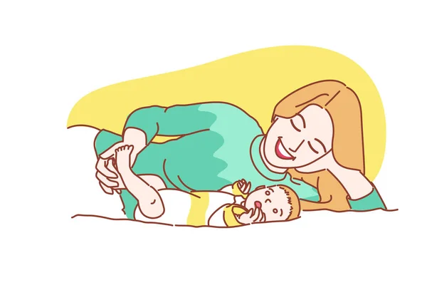 妈妈在床上亲吻儿子看着温暖可爱的妈妈一天的概念假期插图平面矢量 — 图库矢量图片