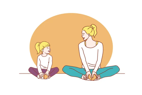 母女俩在家里一起锻炼快乐快乐的家庭 母亲节概念平面卡通矢量设计 — 图库矢量图片