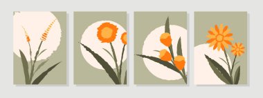 Yaprak ve çiçeklerin soyut şekillerle çizilmiş vektör botanik duvar çizimi. Bu soyut bir sanat tasarımı, kapak, baskı, duvar kağıdı, basit ve doğal duvar sanatıdır..