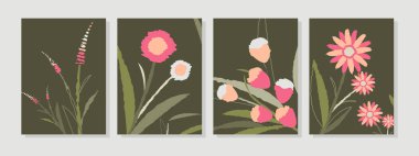 Yaprak ve çiçeklerin soyut şekillerle çizilmiş vektör botanik duvar çizimi. Bu soyut bir sanat tasarımı, kapak, baskı, duvar kağıdı, basit ve doğal duvar sanatıdır..