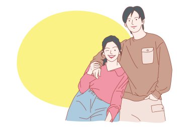 Mutlu genç adam ve kız birbirlerine aşık olurlar. Gülümseyen bir çiftin yakın bir yakınlaşma anı vardır. İyi ilişkiler kavramı. Düz vektör illüstrasyonu.