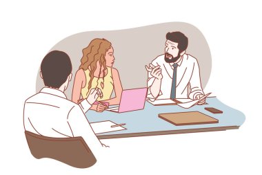 Ofis odasında toplantı yapan iş ekibi: dijital çalışma alanı, uzaktan çalışma ve takım çalışması. Ana hatlı vektör karikatürü ve illüstrasyon tasarımı.