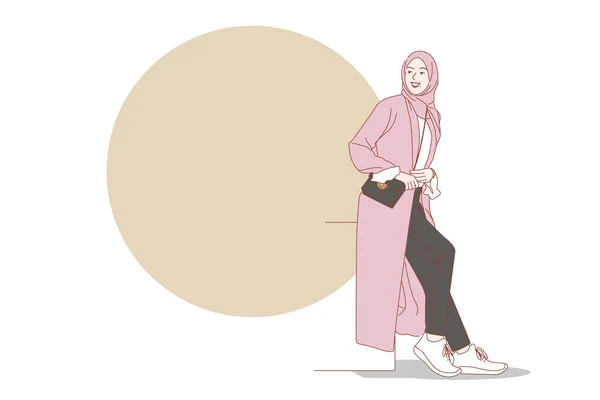 可爱的穆斯林女性穿着夏装Hijab搭配热气球科洛 促销活动 — 图库矢量图片