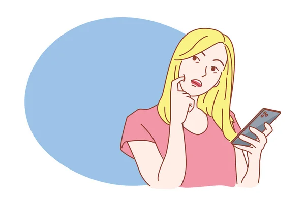 Młoda Kobieta Zadała Pytanie Spojrzała Bańkę Dłoni Trzymając Telefon Ilustracja — Wektor stockowy