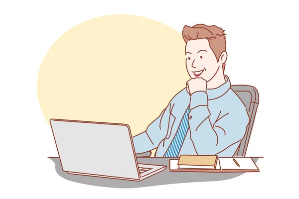 在家里用笔记本电脑工作的一个微笑的商人 使用计算机 远程教育 虚拟培训 观看家庭办公教育网络研讨会的年轻学生或教师 — 图库矢量图片