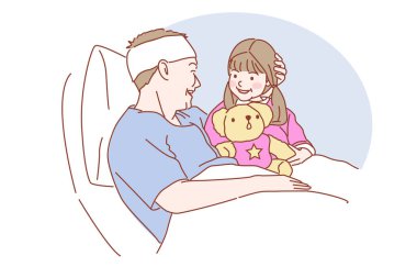 Kızı hastanede babasını ziyaret etmek için geldi. Vektör illüstrasyonu.