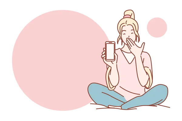一个穿着毛衣的女人正坐在电话旁看书 手绘矢量图解 — 图库矢量图片