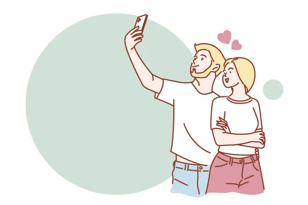 Couple Prenant Selfie Caméra Mobile Caricatures Personnages Vectoriels — Image vectorielle