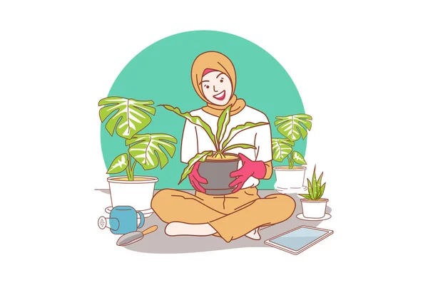 穿着头巾的可爱的穆斯林女孩喜欢种植和照料植物 — 图库矢量图片
