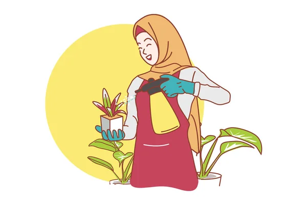 Linda Chica Musulmana Usando Hijab Disfrutando Plantación Cuidado Las Plantas — Vector de stock