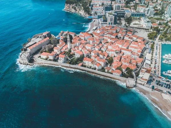 Drone Widoki Stare Miasto Budvy Czarnogórze — Zdjęcie stockowe