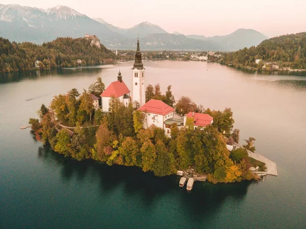 Drone Views Pilgrimage Church Assumption Maria Bled Slovenia — Stock Photo, Image