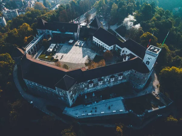 Drone Widoki Zamek Lublanie Słowenii — Zdjęcie stockowe