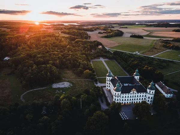 Zamek Skokloster Zachodzie Słońca Drone Szwecji — Zdjęcie stockowe