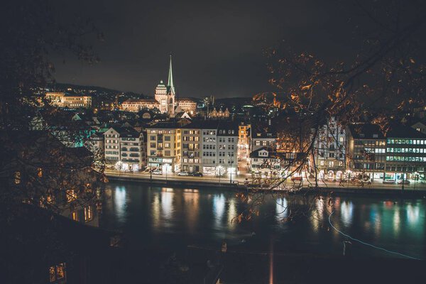 Night time view of Zurich, Switzerland from Lindenhof