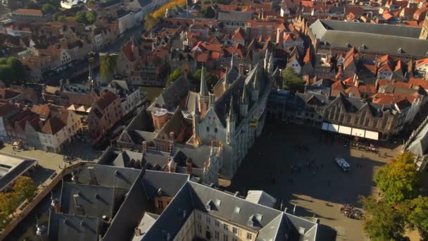 Мэрия Брюгге Бельгии Помощью Беспилотника — стоковое видео