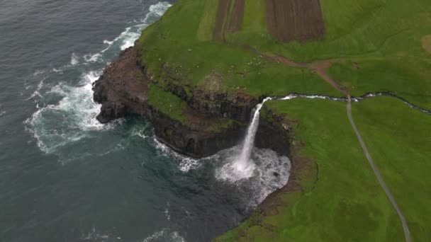 Mulafossur Waterfall Vagar Faroe Islands Drone — Stock Video