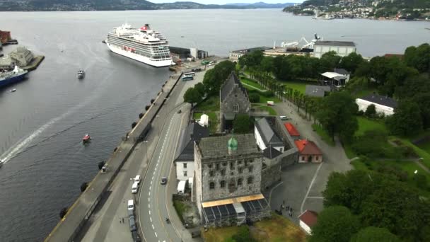Fortaleza Bergenhus Bergen Noruega Por Drone — Vídeos de Stock