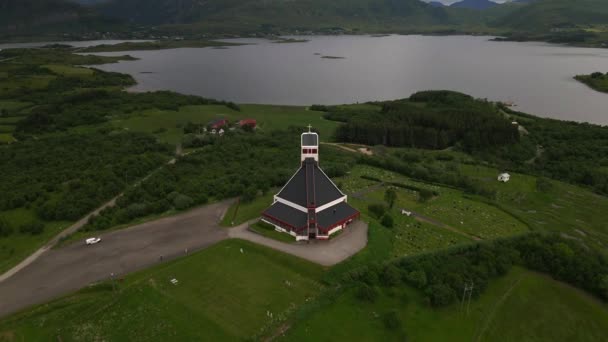 Borge Kirche Auf Den Lofoten Norwegen Drohne — Stockvideo