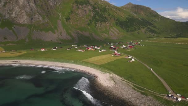 Unstad Beach Auf Den Lofoten Norwegen Drohne — Stockvideo