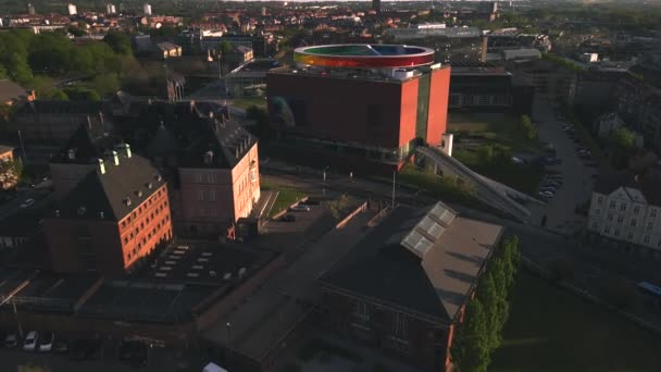 Aarhus Art Museum Aros Denmark Golden Hour Drone — Stock Video