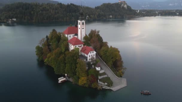 Pilgrimage Church Assumption Mary Lake Bled Slovenia Drone — Stock Video