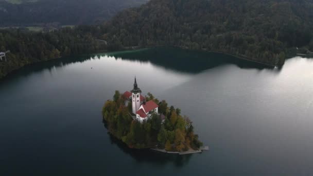 Igreja Peregrinação Assunção Maria Lago Bled Eslovênia Por Drone — Vídeo de Stock