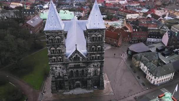 Καθεδρικός Ναός Lund Στη Lund Σουηδία Από Τον Drone — Αρχείο Βίντεο