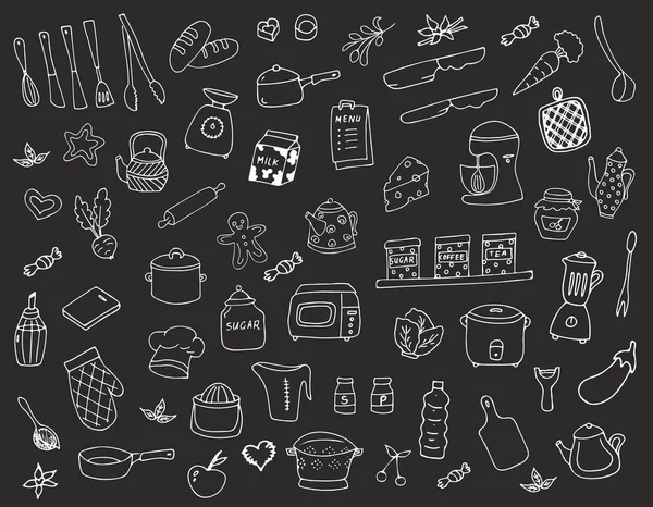 Hand-drawn kitchen doodles set on black background
