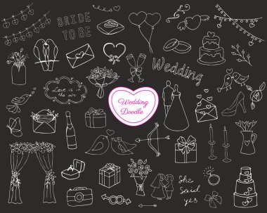 Hand-drawn wedding and marriage doodle icons set, vector art illustration for wedding