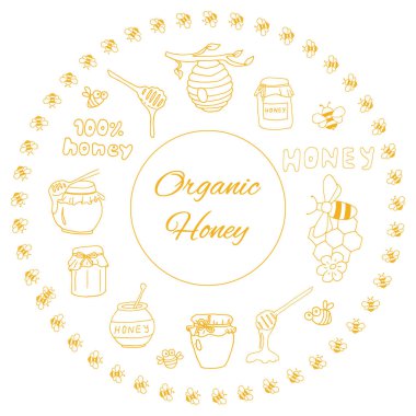 Organic honey border with honey jars and sunflowers bees suitable for decorating a honey store