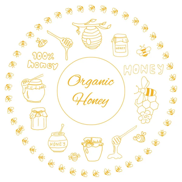 Organic honey border with honey jars and sunflowers bees suitable for decorating a honey store