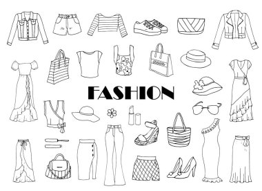 Vector hand-drawn fashionable women's clothes and accessories doodle on white background. Summer dresses,vacation wear. Retro Isolated sketches. Scrapbooking clipart, design template.