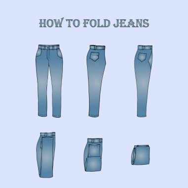 How to fold jeans pants to save space. Step by step. Hand-drawn.