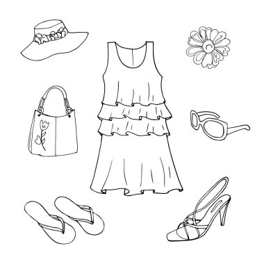 Summer travel dress and accessorise for vacation. Woman clothing set. Vector hand-drown objects illustrations. Black and white fashion collection.