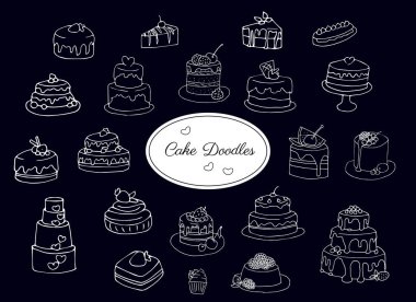 Hand -drawn cake set isolated on dark background, for cafe shop, design
