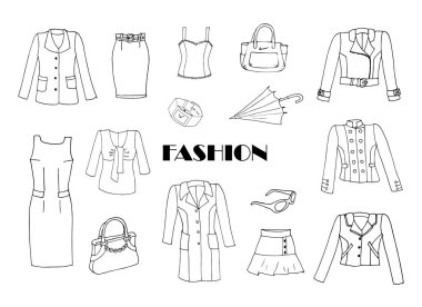 Sketch of clothes and accessories for design. Black and white woman fashion collection set.